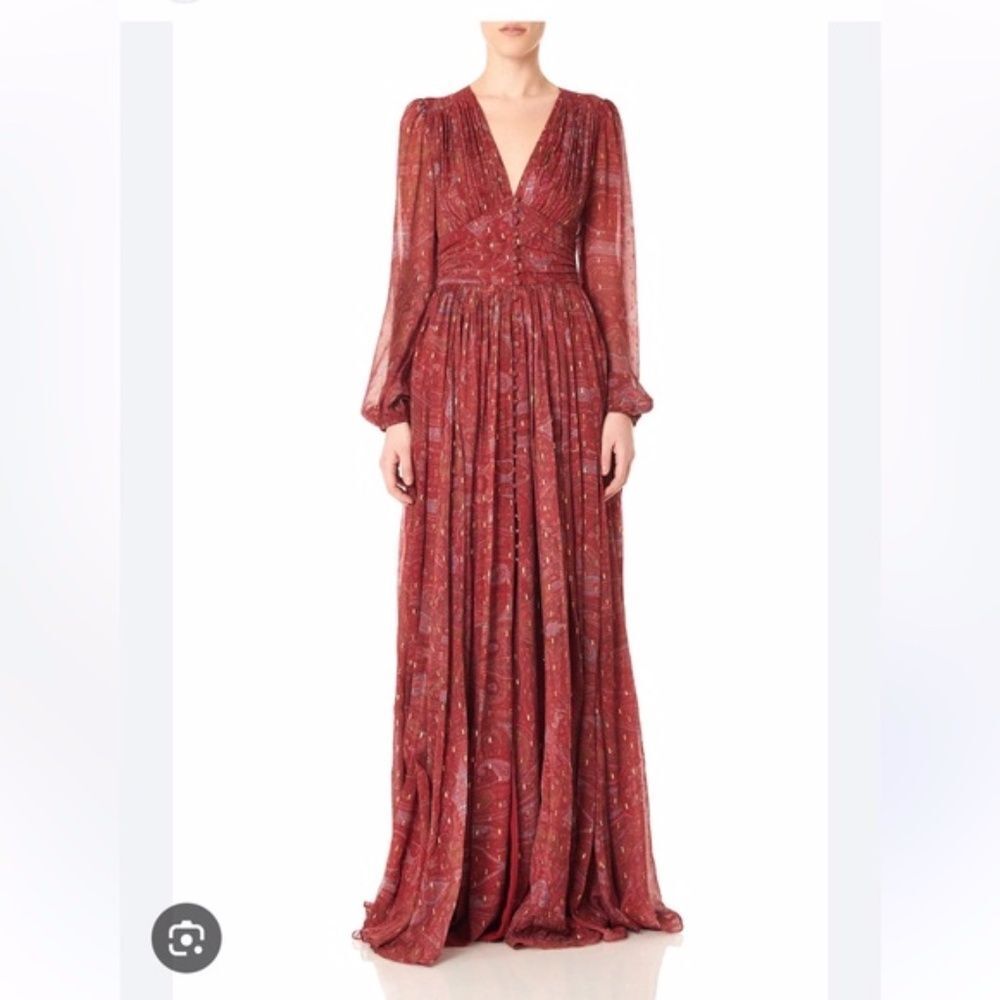 AMUR Gemini Paisley Antique Red Silk Metallic Button Front Maxi Dress Size 6